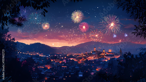 A city skyline or village during diwali night, with colorful fireworks lighting up the sky. Twilighted. Illustration
