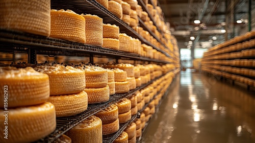 Vast Array of Aged Cheese Wheels in a Modern Cheese Aging Facility Showcasing the Art of Cheese Production and Rich Flavor Development in Beautiful Rows photo