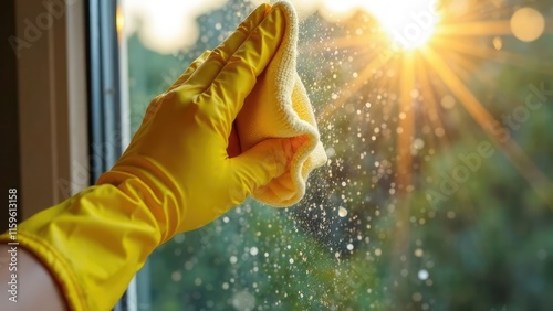 A hand in a yellow glove wipes a window with a cloth as the sun shines brightly through it. 
Concept of clean home. photo