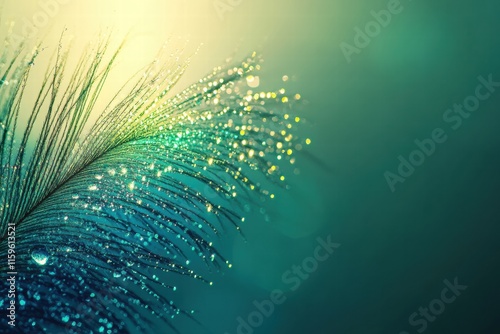 Colorful peacock feather glistens with fresh dew drops in a serene setting perfect for design projects. Generative AI photo