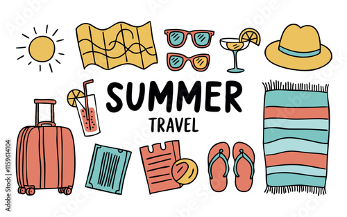 A set of hand drawn Summer travel doodles. This collection evokes a sense of summer vacation, beach fun, and relaxation.