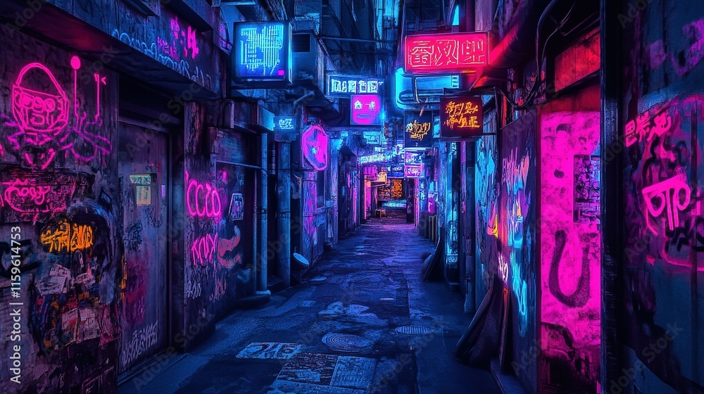 Naklejka premium A dark alley in a cyberpunk city, filled with neon graffiti and flickering holographic signs.