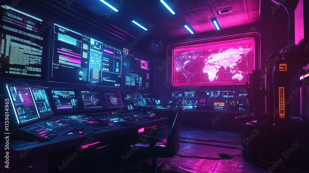 A cyberpunk control room with neon-lit screens, sleek technology, and holographic displays. A cyberpunk control room with neon-lit screens, sleek technology, and holographic displays.
