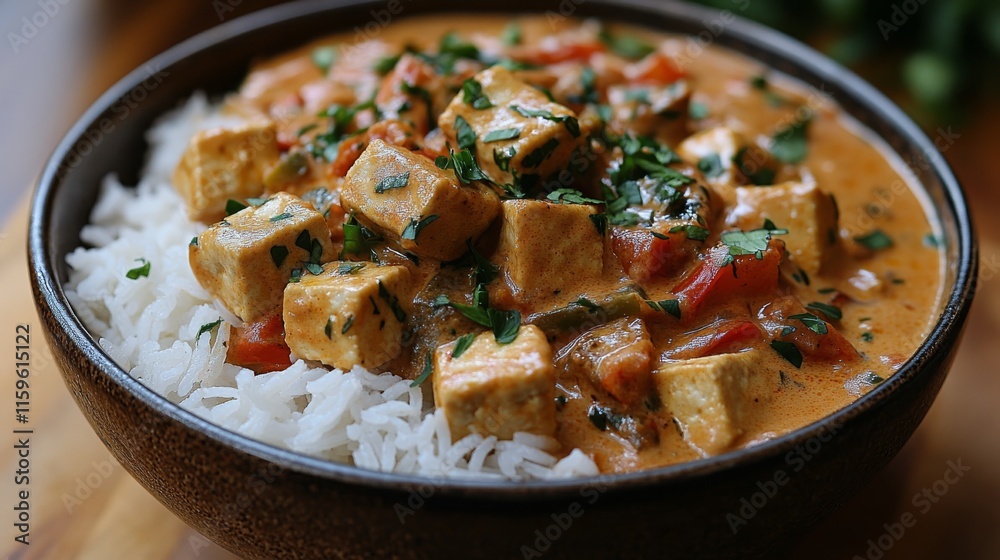 Creamy curry with tofu served over fluffy rice in a rustic bowl
