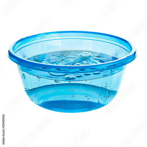 Clear water with reflection in a blue plastic basin, isolated on transparent background. PNG element.