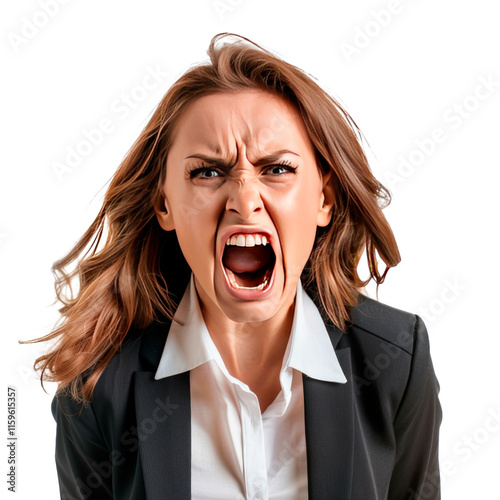 Close-up portrait of a hysterical woman screaming, isolated on transparent background. PNG element.
