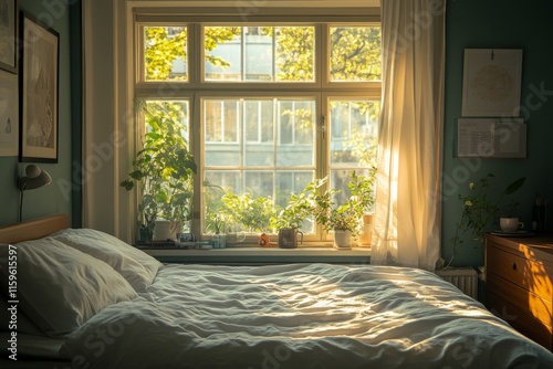 Natural light fills a cozy bedroom with plants by the window and soft linens in the afternoon