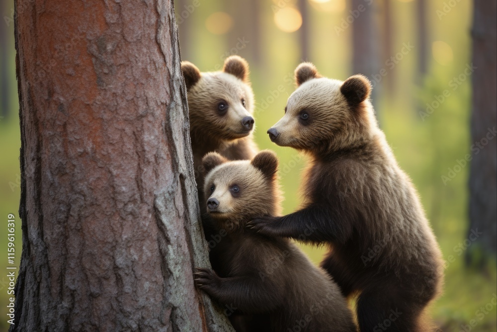 Obraz premium Adorable Brown Bear Cubs Climbing Tree in Summer Forest. She-Bear and Cubs enjoying Natural Habitat