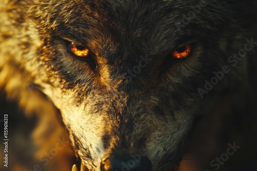 Wolf portrait with intense eyes and sharp teeth in warm lighting photo