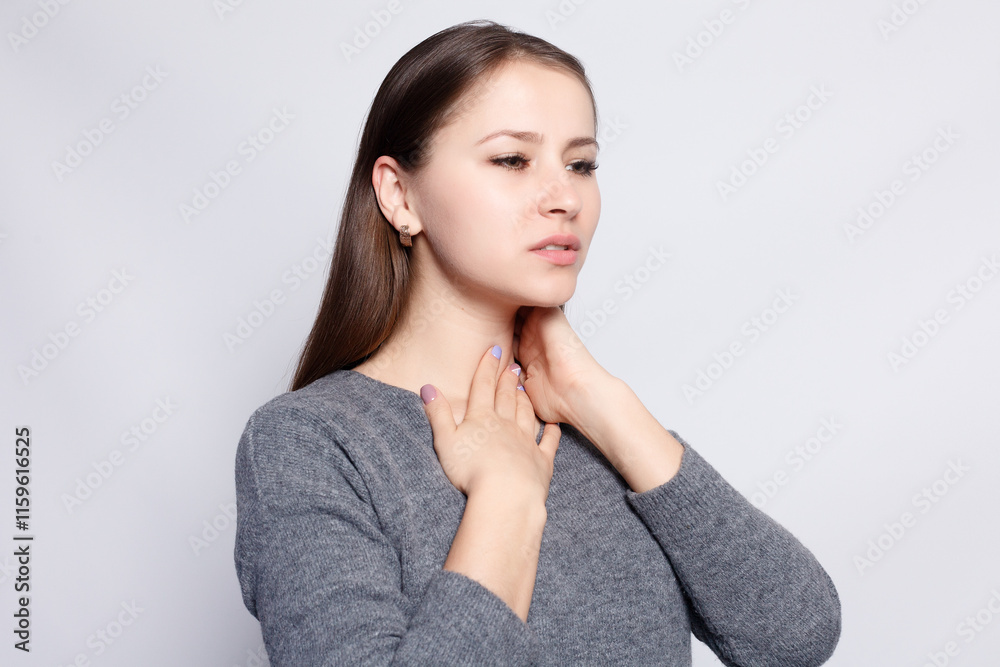 Throat Pain. Closeup Of Sick Woman With Sore Throat Feeling Bad Throat Pain. Closeup Of Sick Woman With Sore Throat Feeling Bad