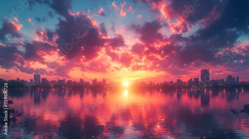 Dramatic clouds loom over the skyline glowing under a radiant sunset background image