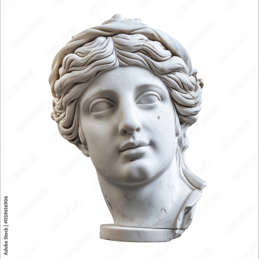 Obraz premium Ancient Greek Marble Statue of a Woman's Head on White Background