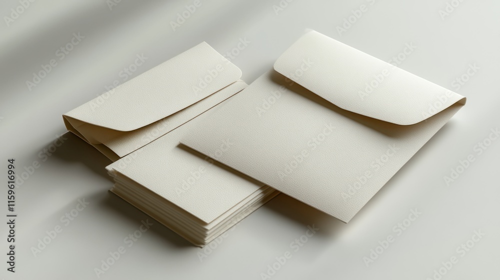 Two off-white envelopes and a stack of cards on a white background. Two off-white envelopes and a stack of cards on a white background.