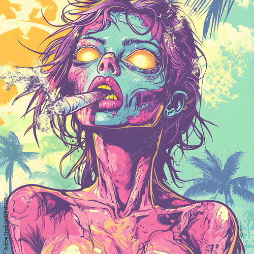 portrait of a zombie woman smoking a weed spliff in a tropical setting in neon colour tones 