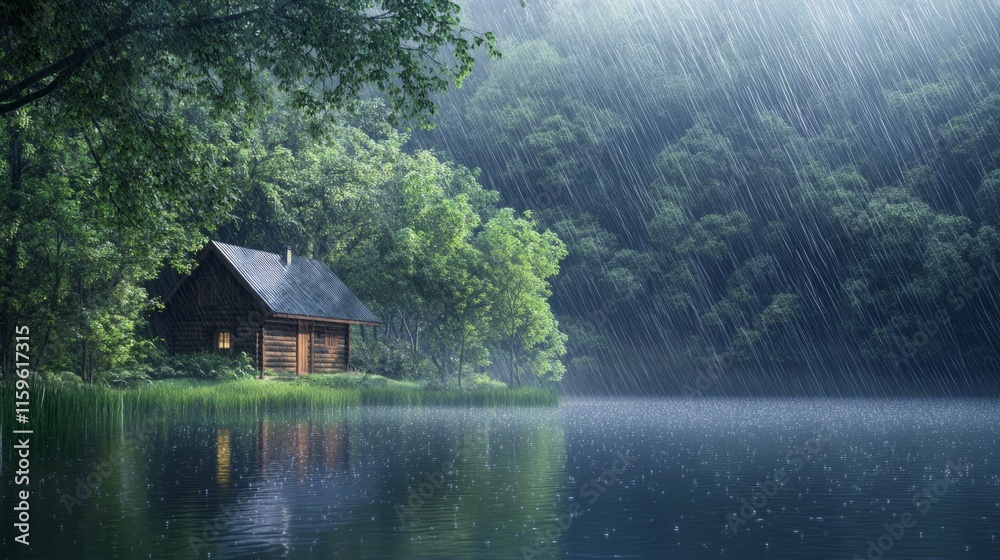 Fototapeta premium Log cabin style country house near a lake, soft drops of water falling from the roof generative ai