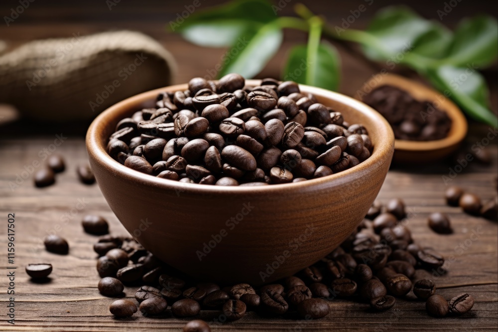 Fototapeta premium Aromatic Addiction: African Arabian Assorted Roasted Peaberry Arabica Coffee Beans on Wooden Background