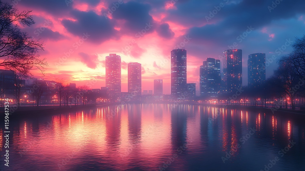 Radiant sunset illuminates dramatic clouds hovering above the vibrant urban skyline background image Radiant sunset illuminates dramatic clouds hovering above the vibrant urban skyline background image