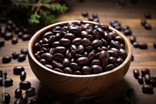 Aromatic Peaberry Coffee Beans - Addictive African Arabian Roasted Arabica Beans in Wooden Bowl on Assorted Background photo