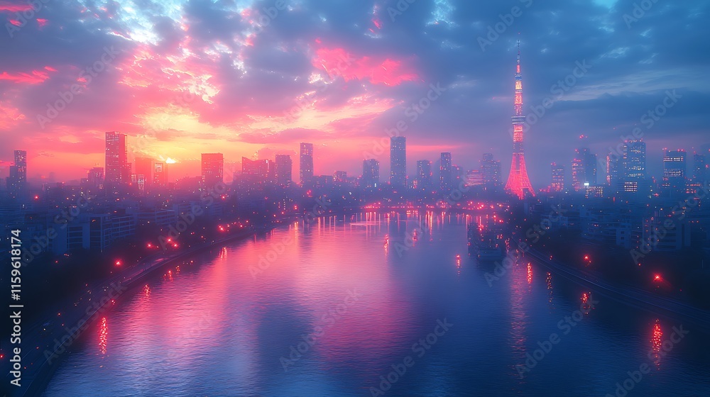 Tower landmarks add charm to the cityscape glowing at serene sunset background image Tower landmarks add charm to the cityscape glowing at serene sunset background image