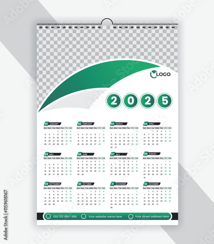 Modern wall calendar 2025 design template, week starts Monday, clean, elegant template schedule planner	