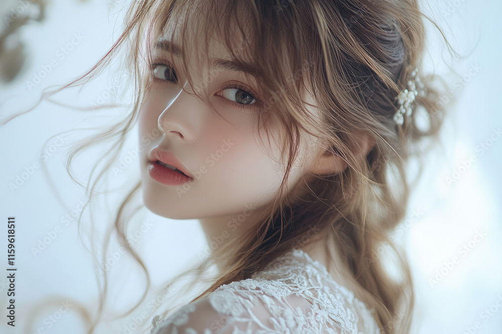 A young woman with light brown hair, wearing a white lace dress, looks over her shoulder. A young woman with light brown hair, wearing a white lace dress, looks over her shoulder.
