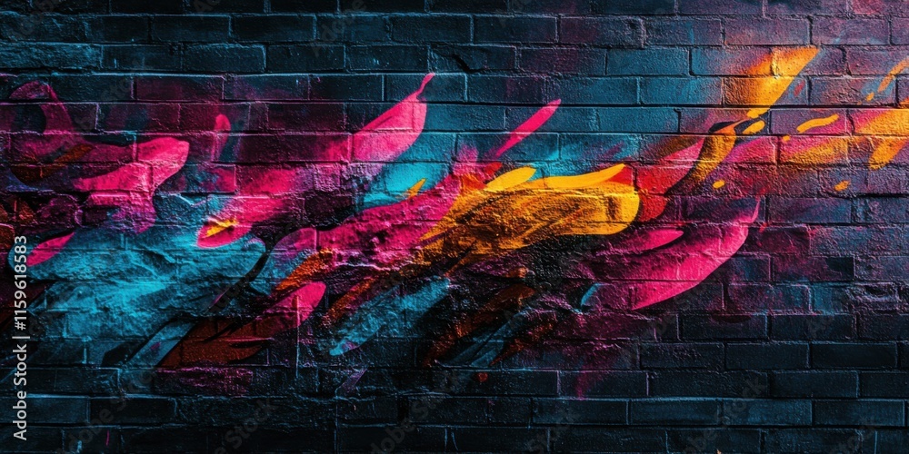 Naklejka premium Neon color gradients lighting up a rough brick wall with abstract graffiti and street art