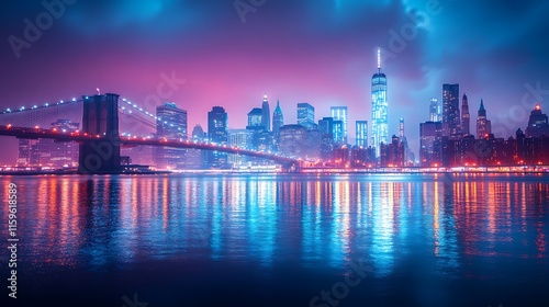 Vibrant reflections of cityscape and towers shimmer on peaceful river waters background image photo