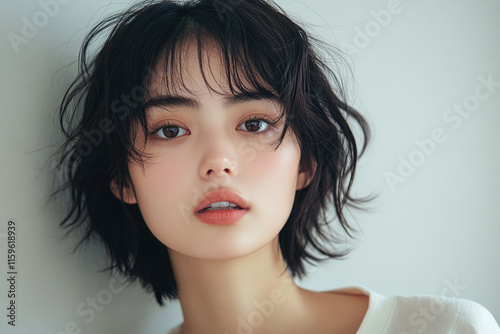 A young woman with short, tousled black hair and natural makeup poses against a light background. photo