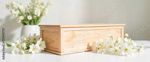 Pet memorial coffin surrounded by flowers on white table, remembrance