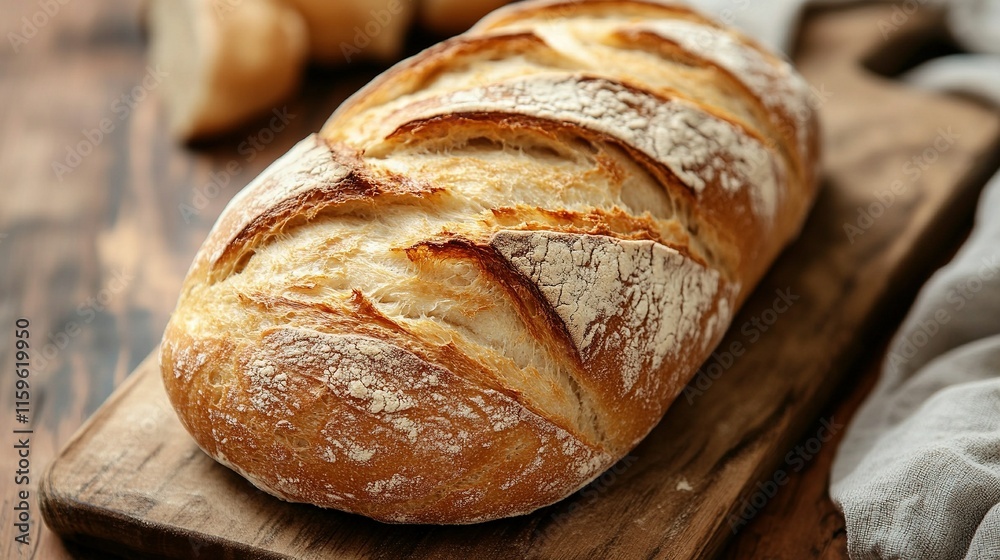 A close-up of a freshly baked loaf of bread on a rustic wooden cutting board. A close-up of a freshly baked loaf of bread on a rustic wooden cutting board.