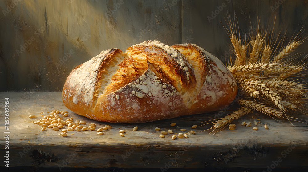 Artistic close up of fresh bread with wheat and grains, showcasing texture