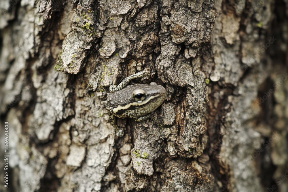 Closeup image of camouflaged grey tree frog on bark with natural lighting and textured details realistic colors and depth highlighting secretive nature Closeup image of camouflaged grey tree frog on bark with natural lighting and textured details realistic colors and depth highlighting secretive nature