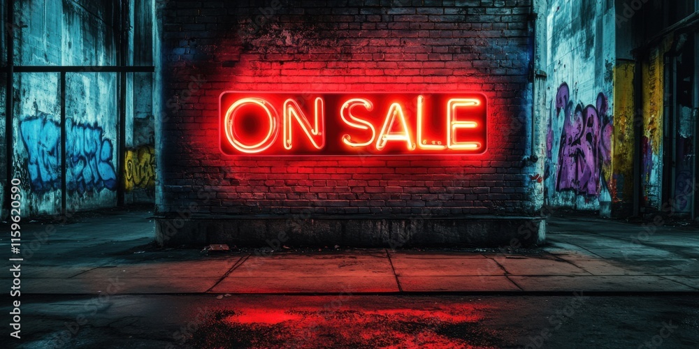 Naklejka premium Neon 'ON SALE' sign lighting up an industrial brick wall, graffiti street art background