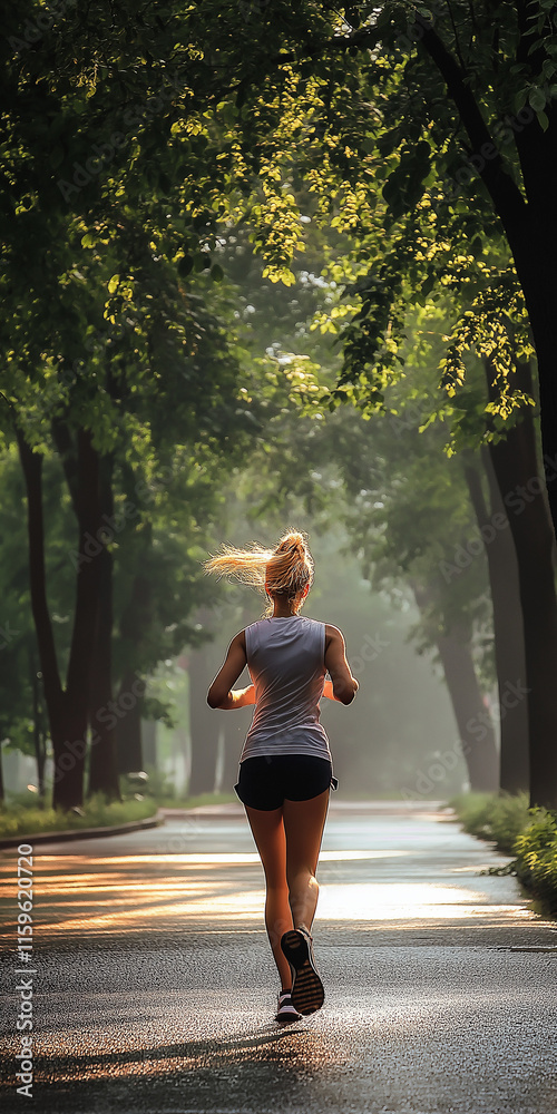 Active young woman jogging on forest path surrounded by greenery for fitness and lifestyle concept Active young woman jogging on forest path surrounded by greenery for fitness and lifestyle concept