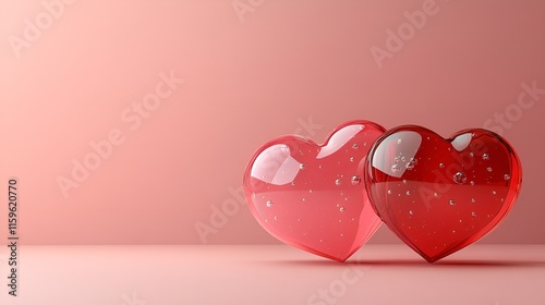 Two red glass hearts with air bubbles on a pink background, symbolizing love and romance photo