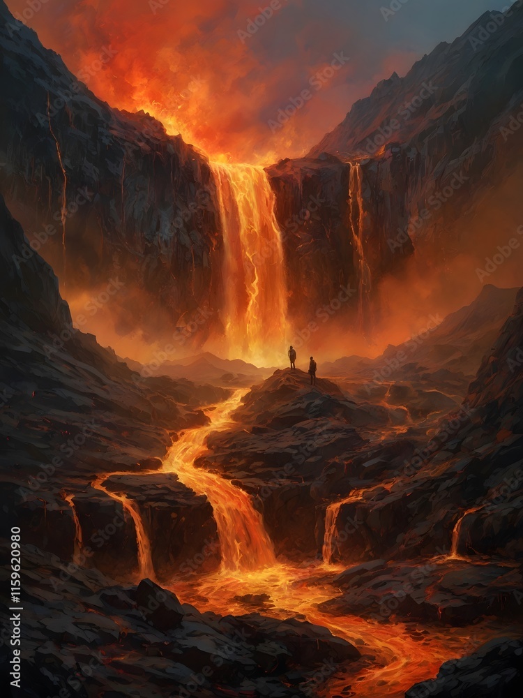 Fototapeta premium Lava River Flowing from the Foot of the Mountain: A Fiery Landscape