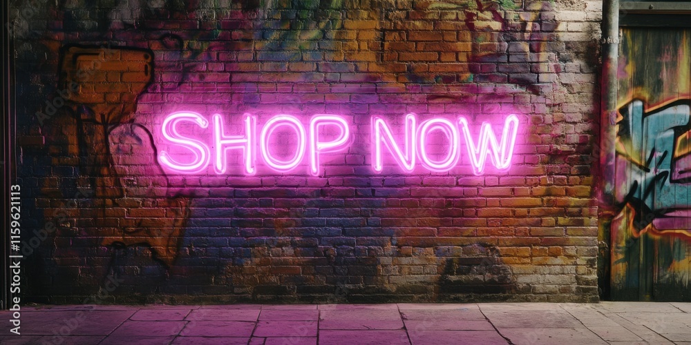 Neon 'SHOP NOW' glowing brightly on a distressed brick wall, colorful graffiti art in the background Neon 'SHOP NOW' glowing brightly on a distressed brick wall, colorful graffiti art in the background