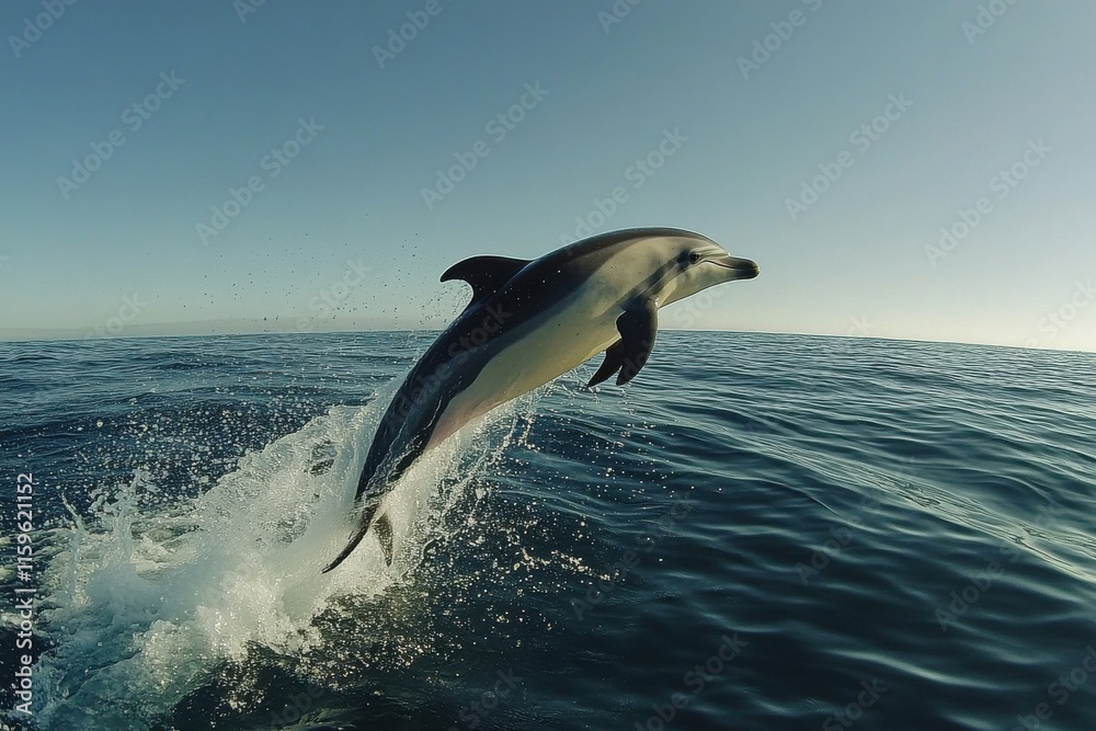 Fototapeta premium Dynamic dolphin leaping in vivid ocean scenery with sunlight