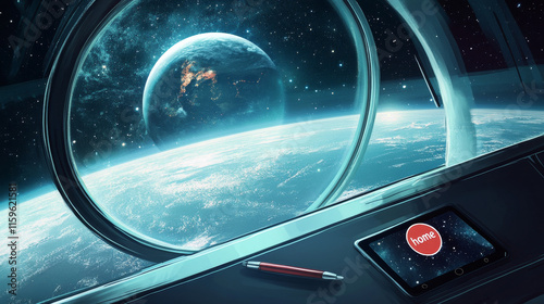 Fototapeta Naklejka Na Ścianę i Meble -  Space flights cartoon banner, spaceship cabin interior, round window with cosmos and Earth planet view, home red button, smartphone and pen. Futuristic interstellar rocket travel, vector illustration