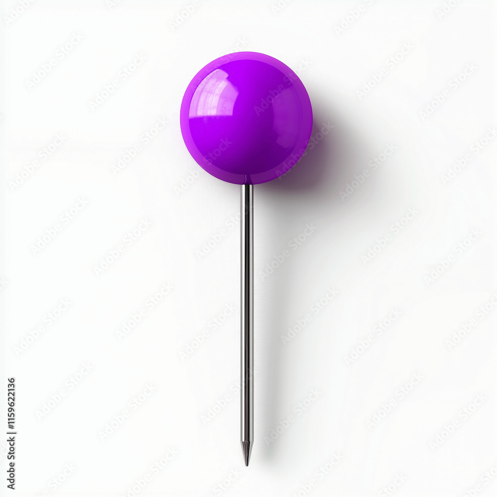 single purple pushpin with a metallic tip against a white background. Its glossy finish and vibrant color make it visually appealing, perfect for office, school, or organization themes single purple pushpin with a metallic tip against a white background. Its glossy finish and vibrant color make it visually appealing, perfect for office, school, or organization themes