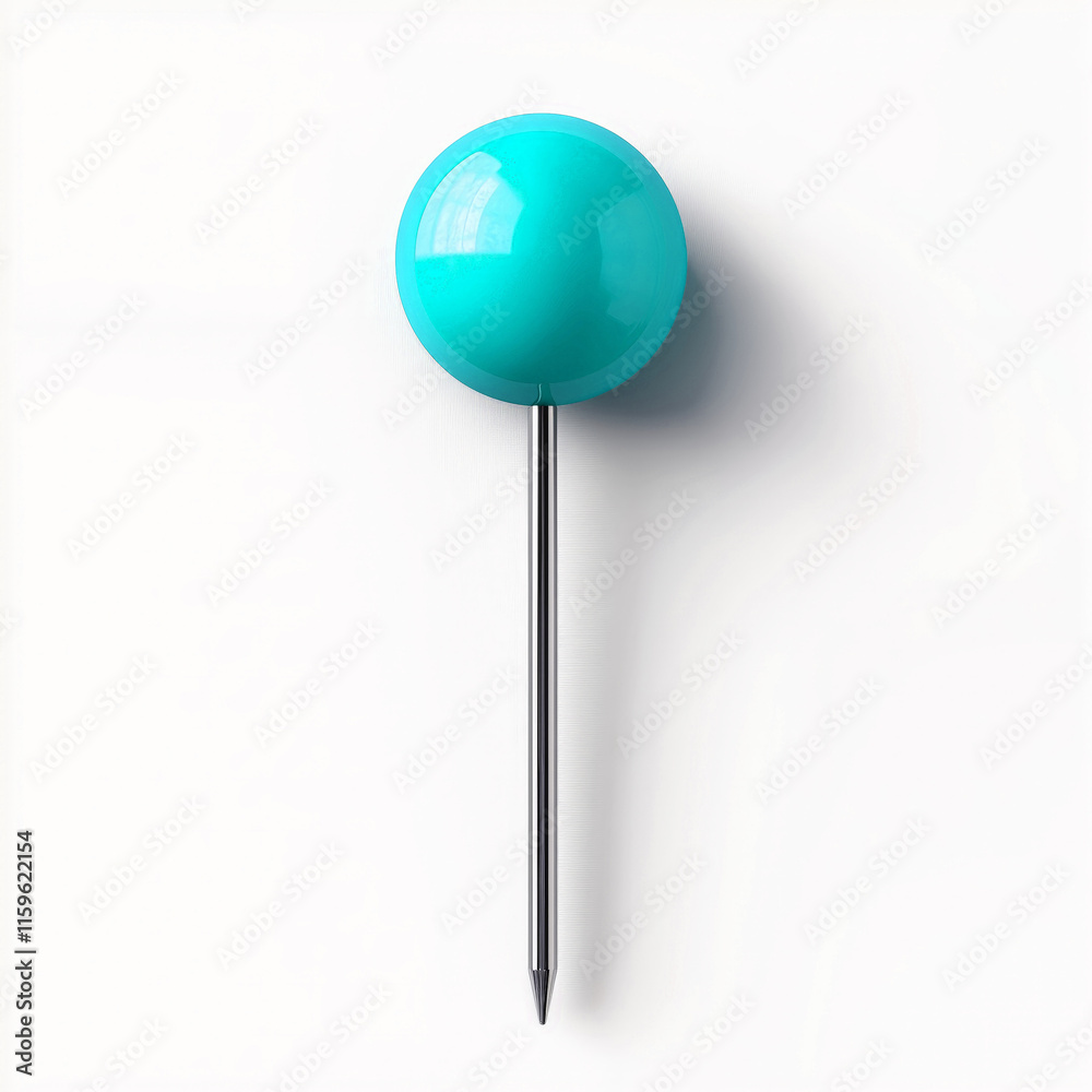 single turquoise pushpin with a metallic tip against a plain white background. Its sleek, minimalistic design and vibrant turquoise color stand out, making it ideal for organization visuals