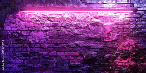 Vibrant neon purple and pink text on weathered brick wall with art deco style, cityscape glow, industrial vibe