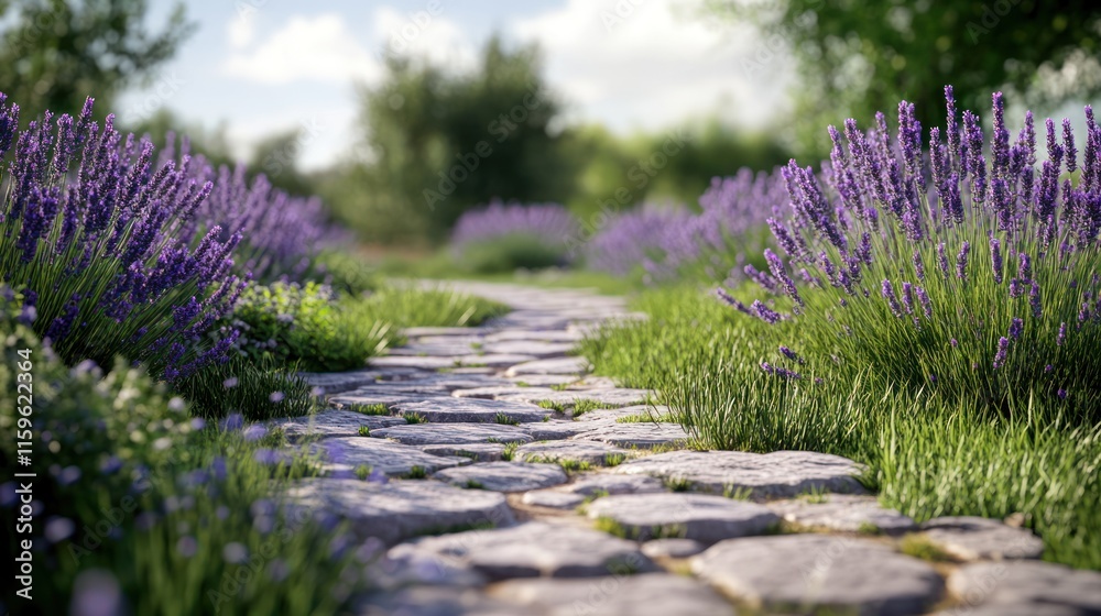 Obraz premium Stone path through a lavender field.