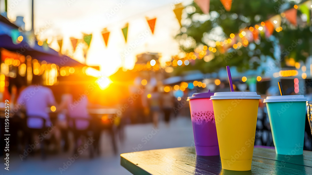 Friends enjoy lively conversations and colorful beverages under festive decorations during sunset