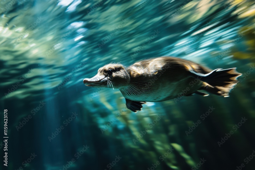 Naklejka premium Highspeed shot of platypus diving in dramatic underwater scene