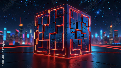 3d render, abstract red blue neon background. Glowing linear volumetric cube in the middle of the city street, under the starry night sky. Digital futuristic wallpaper