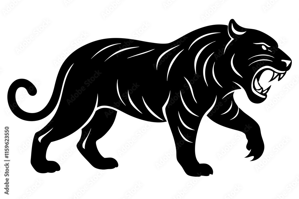 Obraz premium roaring tiger black silhouette vector, Simple silhouette Design vector icon with white background