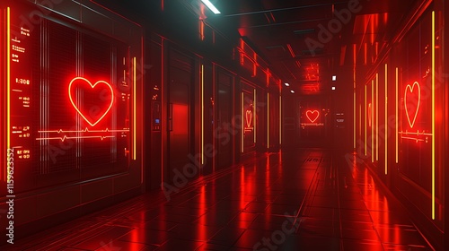 3D rendering of a health risk warning, neon glowing health symbols, dark and moody lighting setting, sleek digital monitors displaying fluctuating heart rate data, vibrant red and orange tones