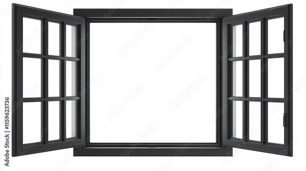 Modern black metal window isolated on white background, empty glass interior office frame for architectural element design Modern black metal window isolated on white background, empty glass interior office frame for architectural element design
