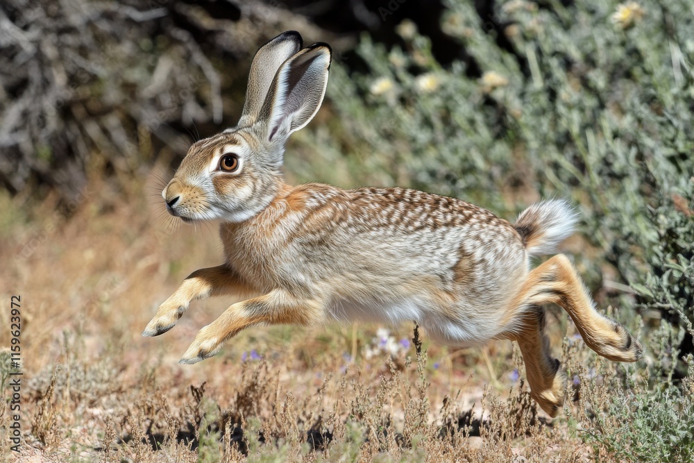 European hare leaping in sunlit meadow with shallow depth European hare leaping in sunlit meadow with shallow depth